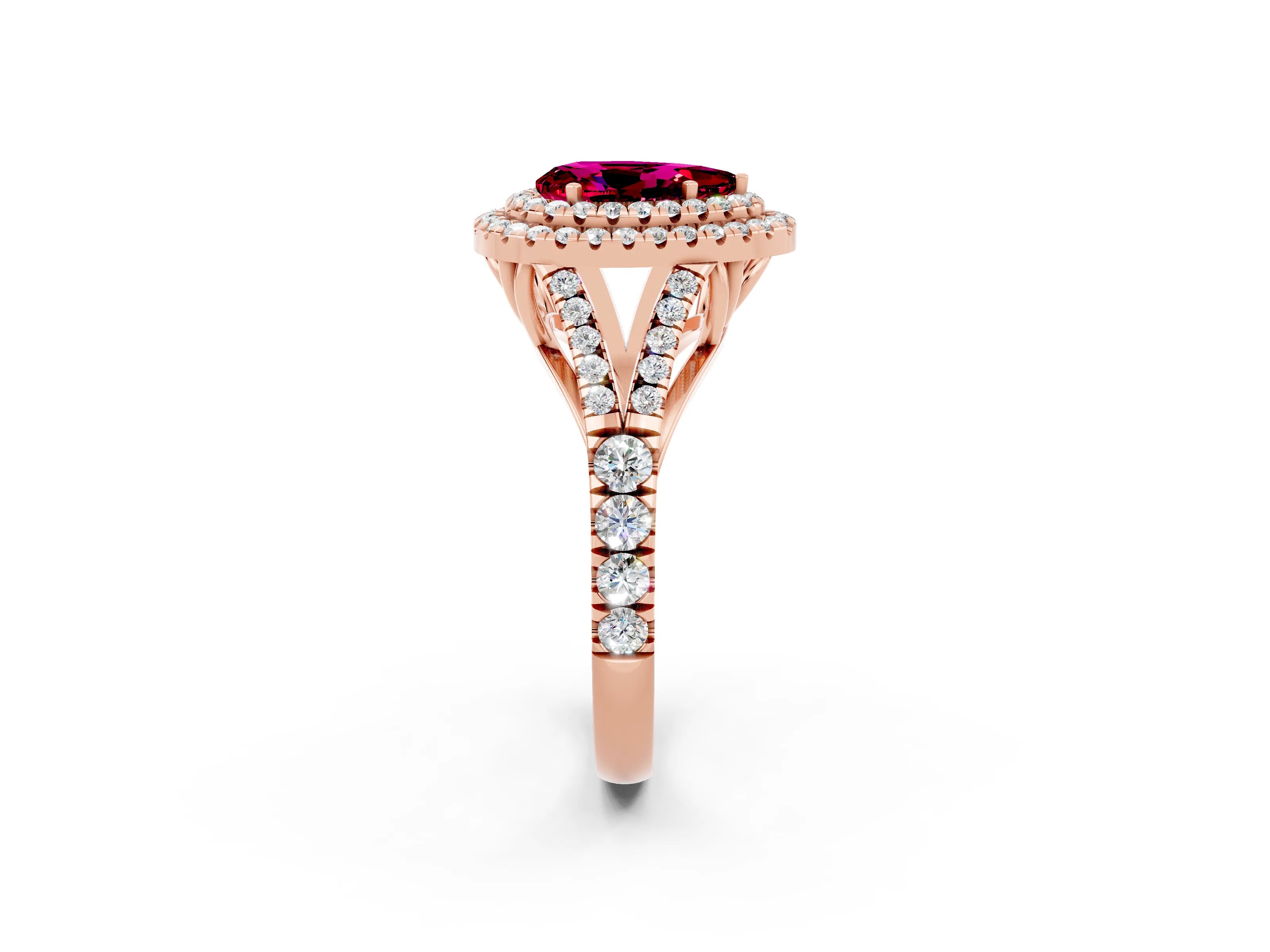 Rose gold Double Halo Pear Cut Garnet Pavé Split Shank Ring with Prong Setting_2