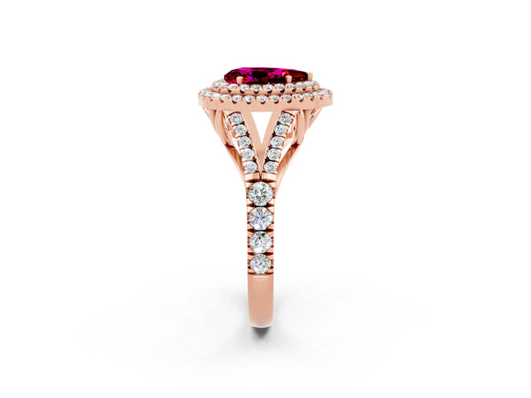Rose gold Double Halo Pear Cut Garnet Pavé Split Shank Ring with Prong Setting