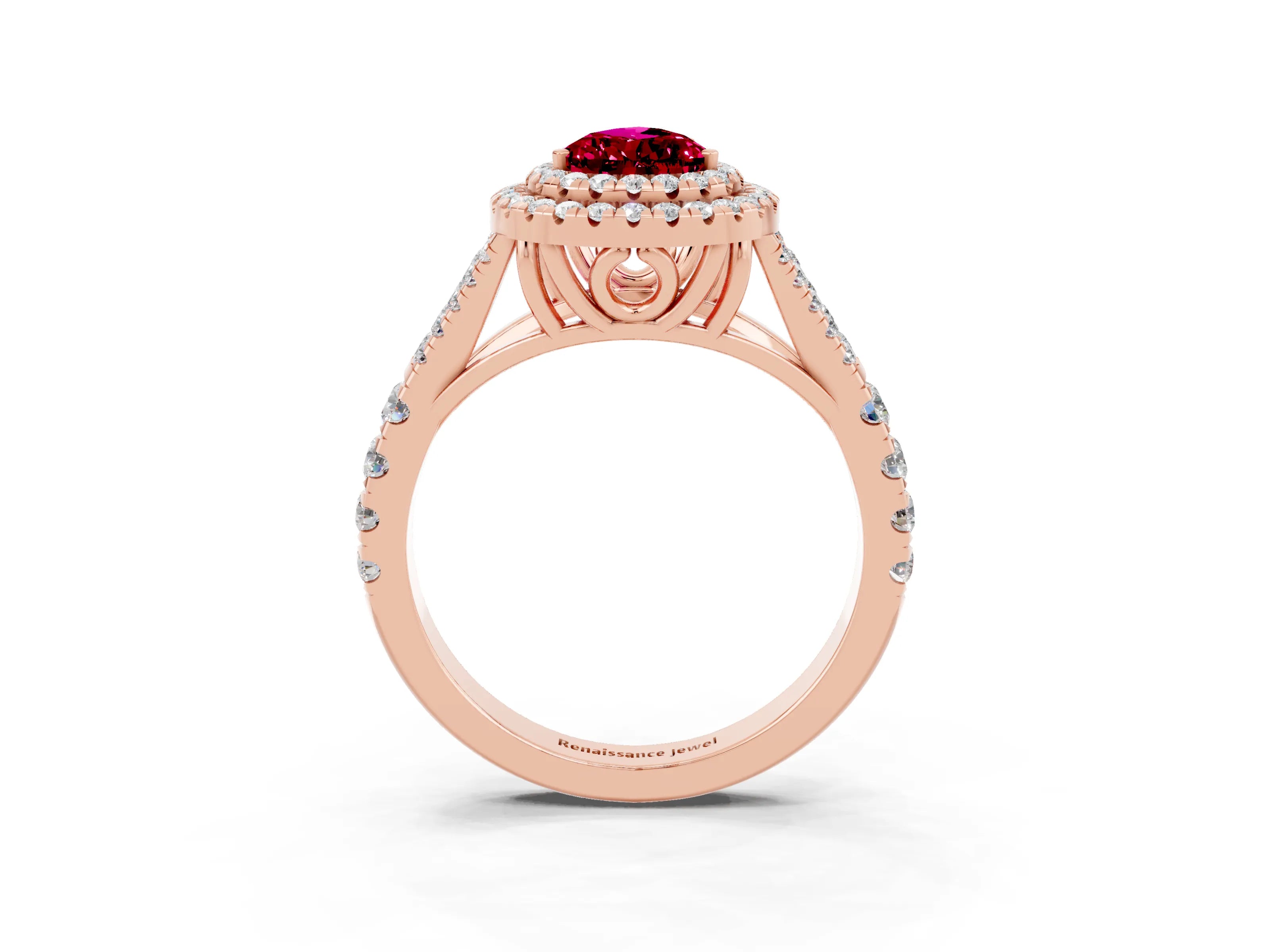 Rose gold Double Halo Pear Cut Garnet Pavé Split Shank Ring with Prong Setting_3