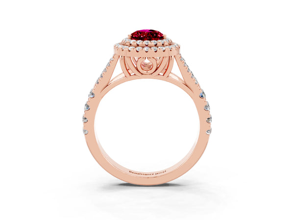 Rose gold Double Halo Pear Cut Garnet Pavé Split Shank Ring with Prong Setting