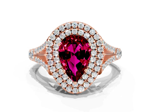 Rose gold Double Halo Pear Cut Garnet Pavé Split Shank Ring with Prong Setting