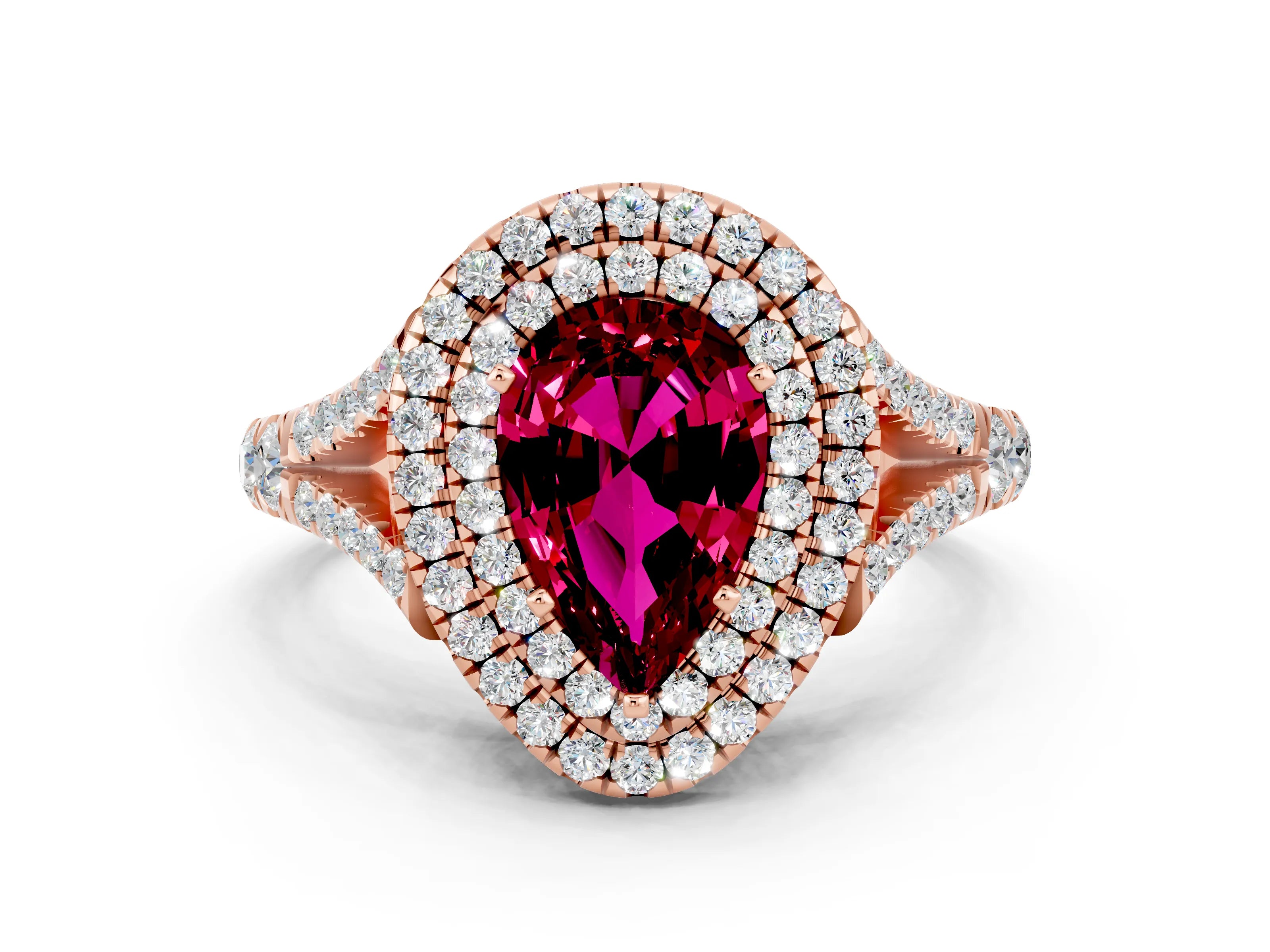 Rose gold Double Halo Pear Cut Garnet Split Shank Engagement Ring with Four-Prong Setting