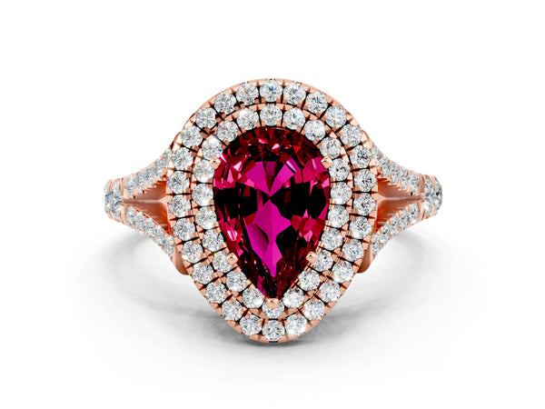 Rose gold Double Halo Pear Cut Garnet Split Shank Engagement Ring with Four-Prong Setting