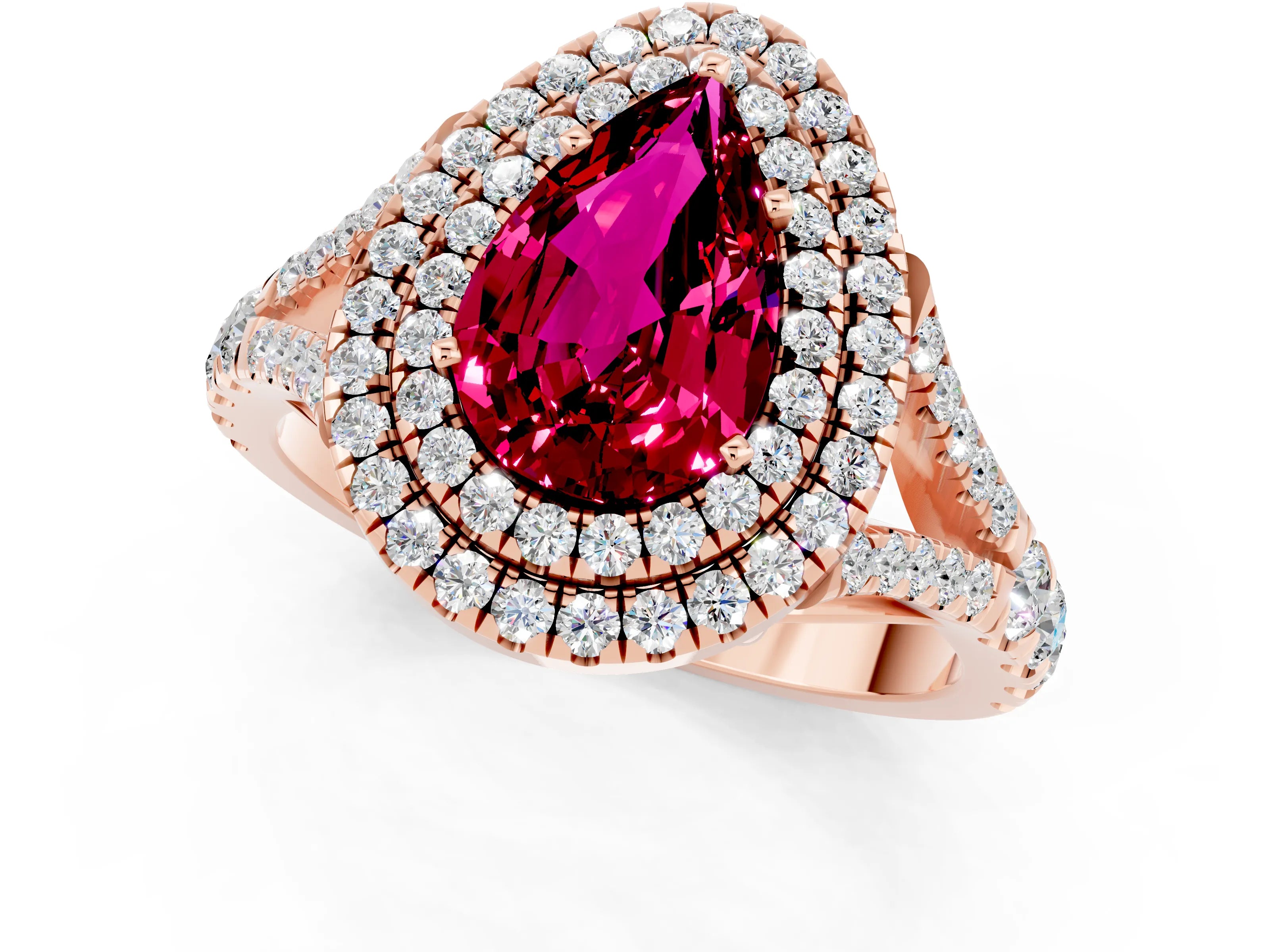 Rose gold Double Halo Pear Cut Garnet Split Shank Engagement Ring with Four-Prong Setting_1