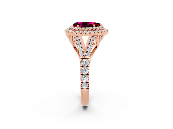 Rose gold Double Halo Pear Cut Garnet Split Shank Engagement Ring with Four-Prong Setting