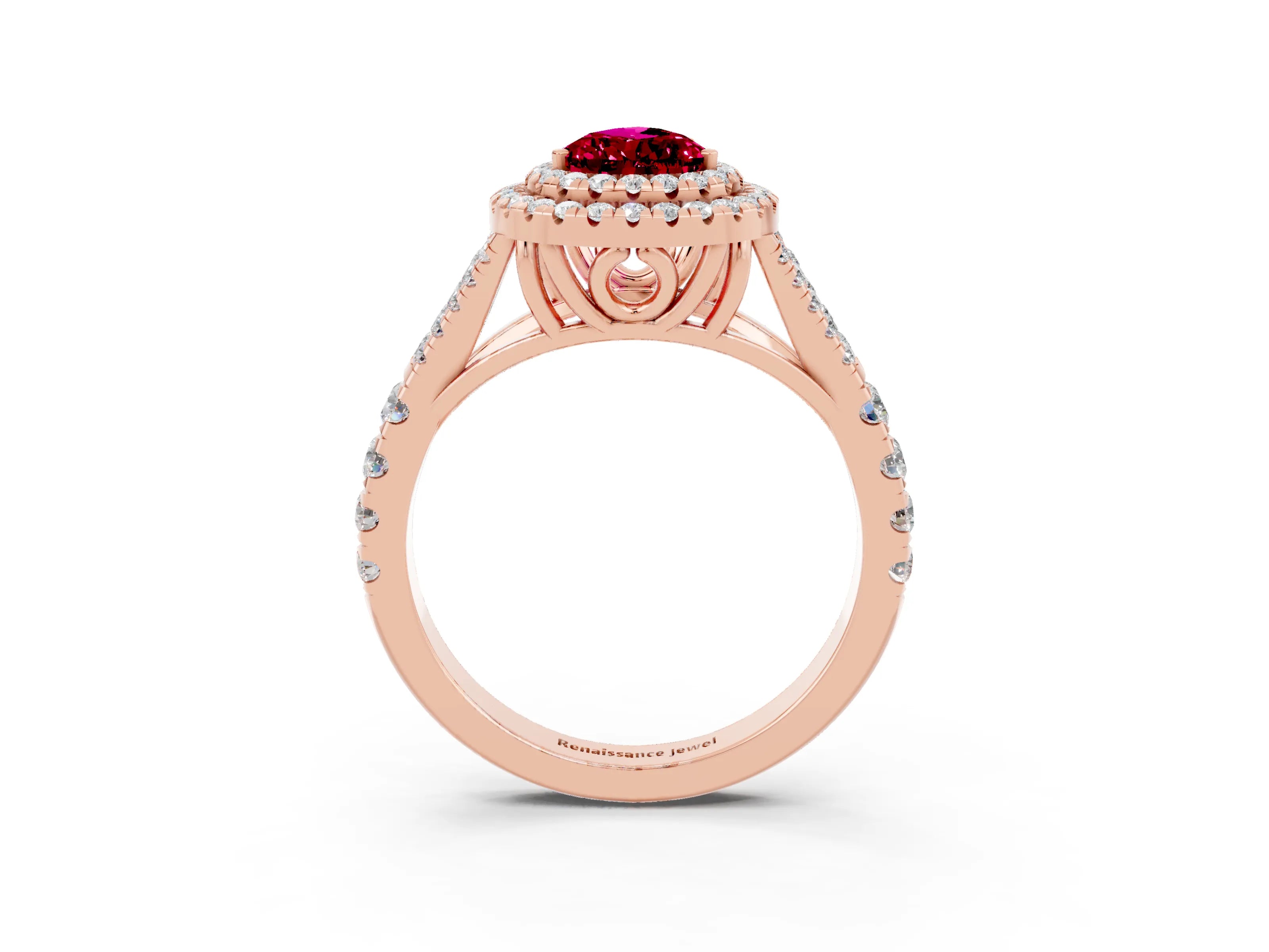 Rose gold Double Halo Pear Cut Garnet Split Shank Engagement Ring with Four-Prong Setting_3