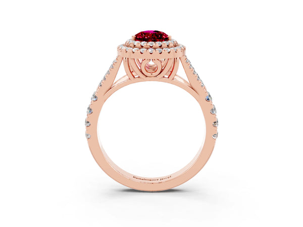 Rose gold Double Halo Pear Cut Garnet Split Shank Engagement Ring with Four-Prong Setting