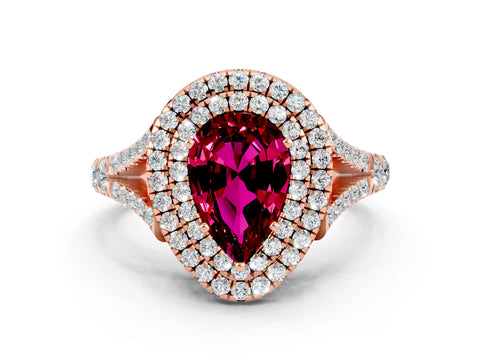 Rose gold Double Halo Pear Cut Garnet Split Shank Engagement Ring with Four-Prong Setting
