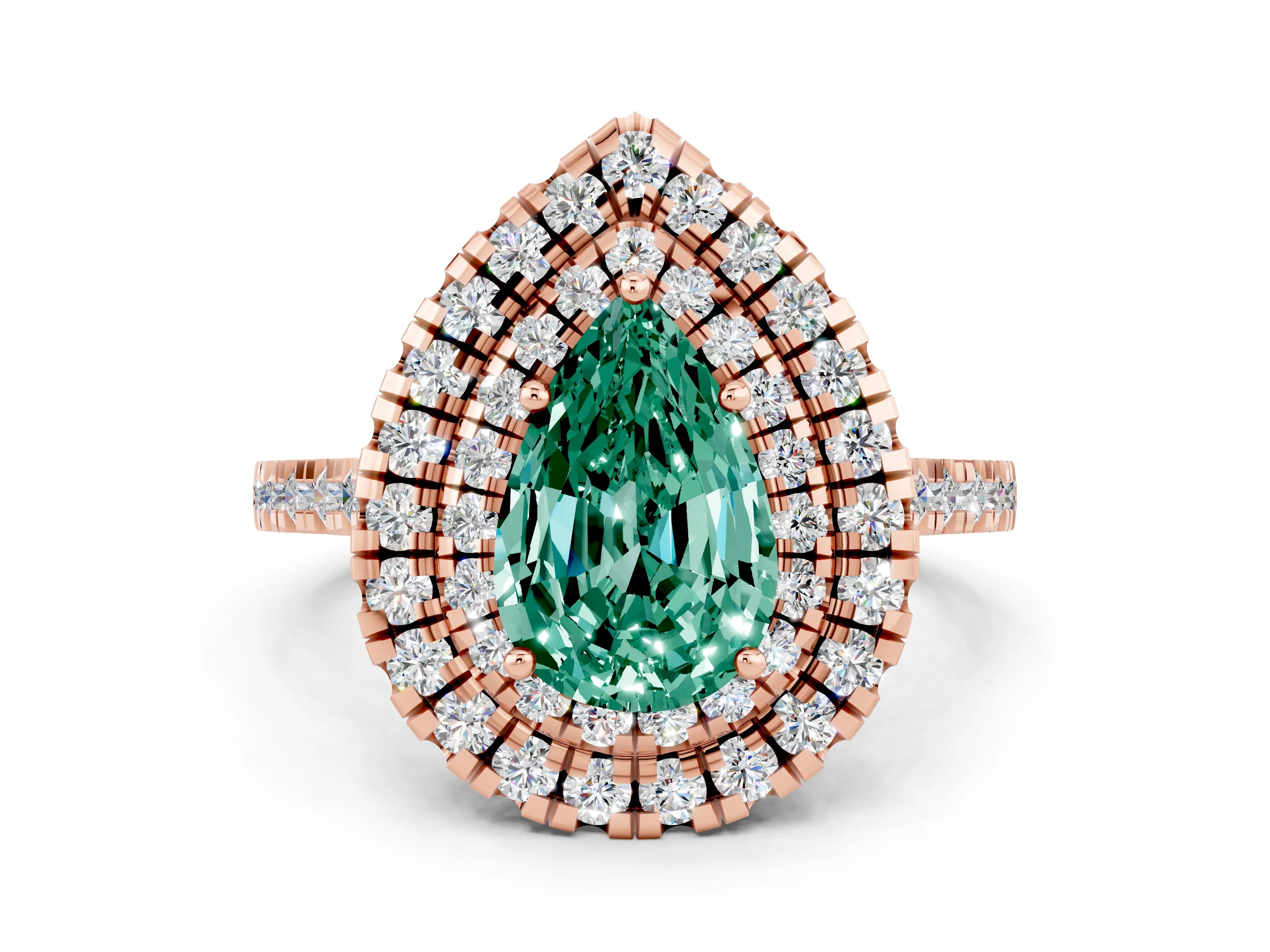 Rose gold Double Halo Pear Cut Green Sapphire Pavé Band with Four-Prong Setting
