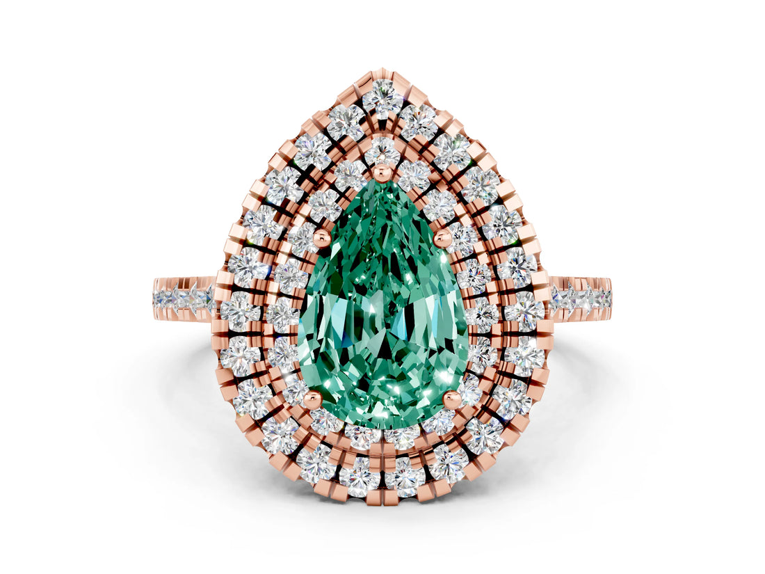 Rose gold Double Halo Pear Cut Green Sapphire Pavé Band with Four-Prong Setting