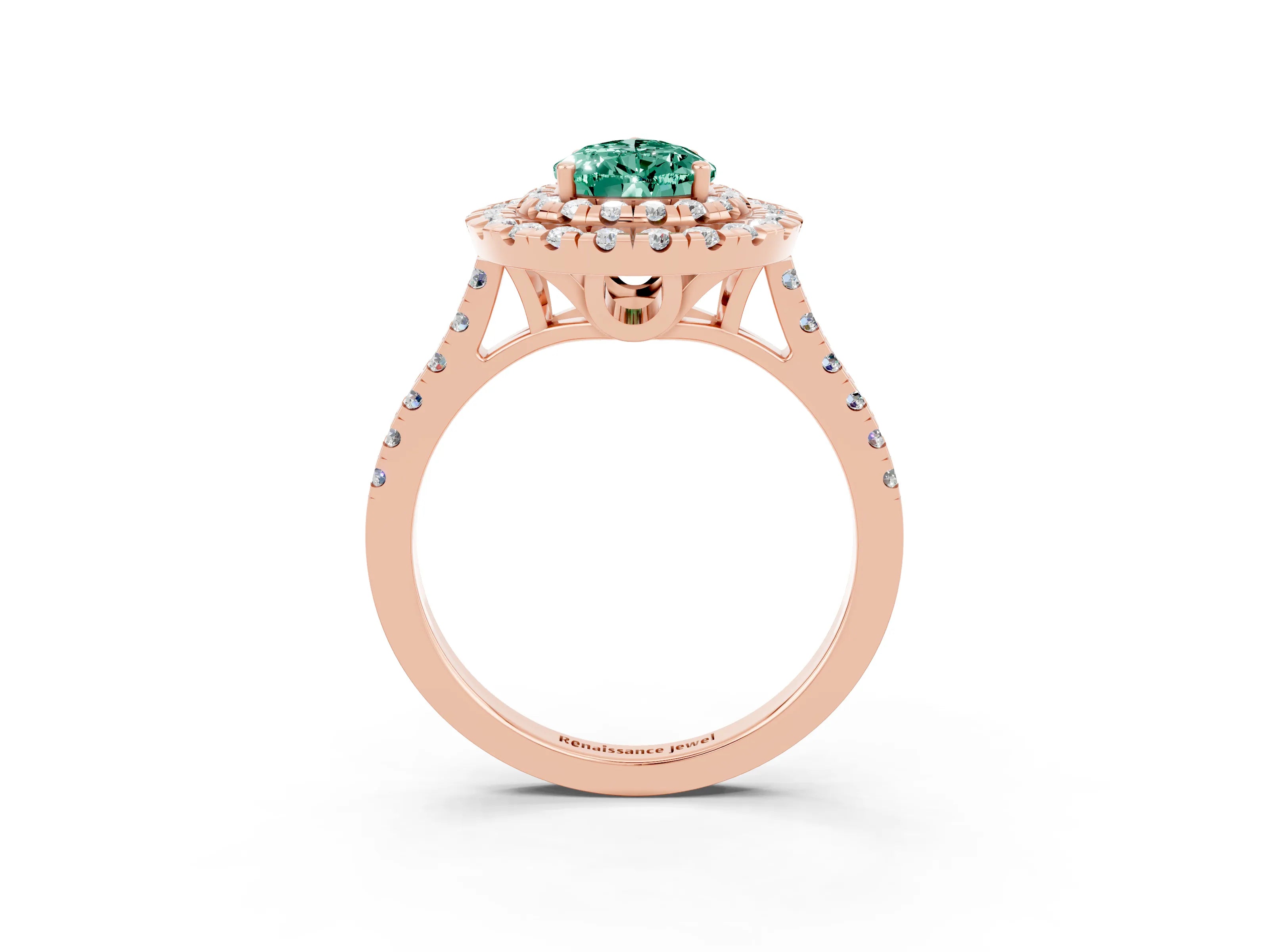 Rose gold Double Halo Pear Cut Green Sapphire Pavé Band with Four-Prong Setting_3