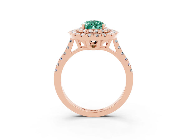 Rose gold Double Halo Pear Cut Green Sapphire Pavé Band with Four-Prong Setting