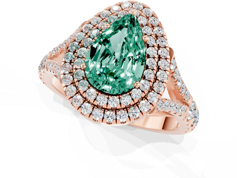 Rose gold Double Halo Pear Cut Green Sapphire Pavé Split Shank Ring with Prong Setting_1