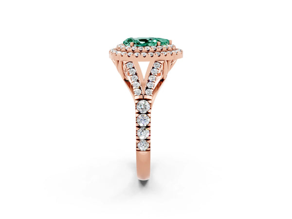 Rose gold Double Halo Pear Cut Green Sapphire Pavé Split Shank Ring with Prong Setting