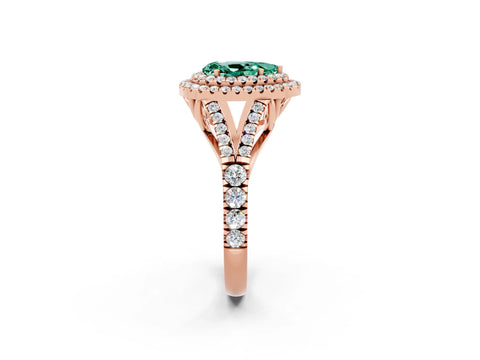 Rose gold Double Halo Pear Cut Green Sapphire Pavé Split Shank Ring with Prong Setting_2