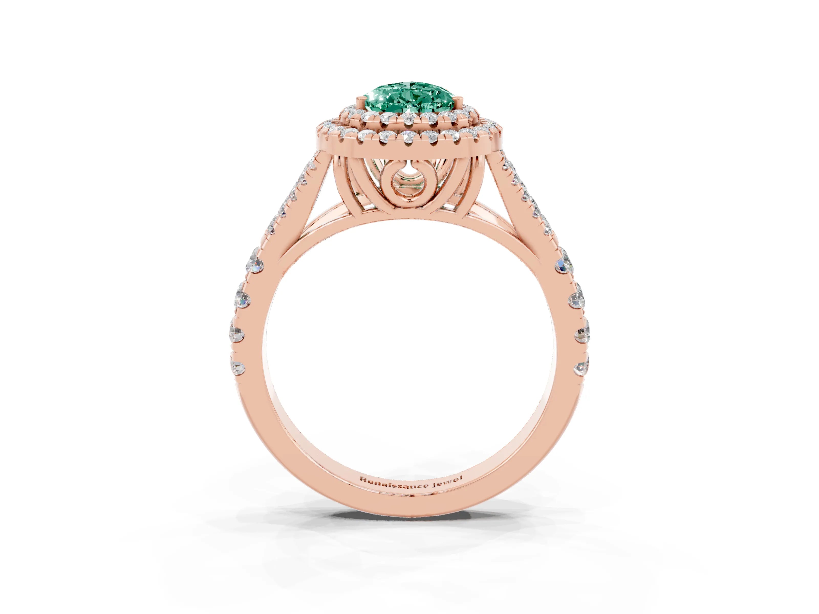 Rose gold Double Halo Pear Cut Green Sapphire Pavé Split Shank Ring with Prong Setting_3
