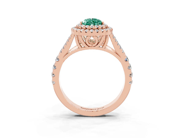 Rose gold Double Halo Pear Cut Green Sapphire Pavé Split Shank Ring with Prong Setting