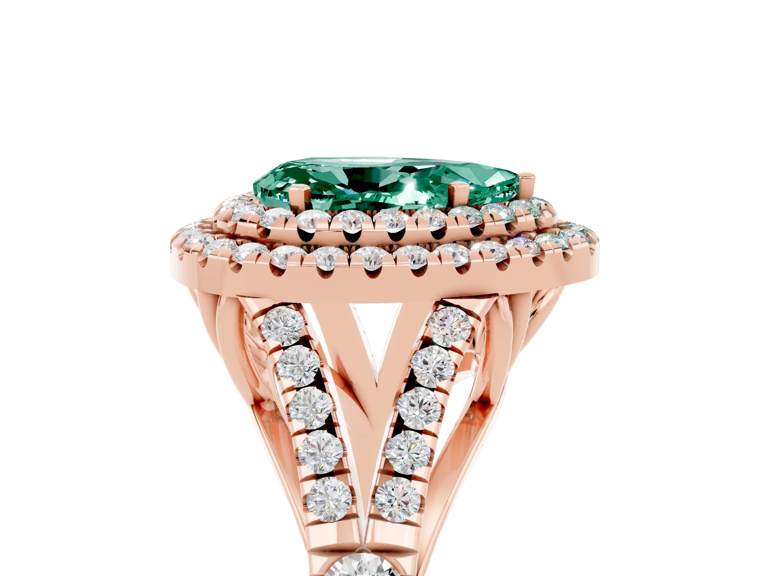 Rose gold Double Halo Pear Cut Green Sapphire Pavé Split Shank Ring with Prong Setting_5