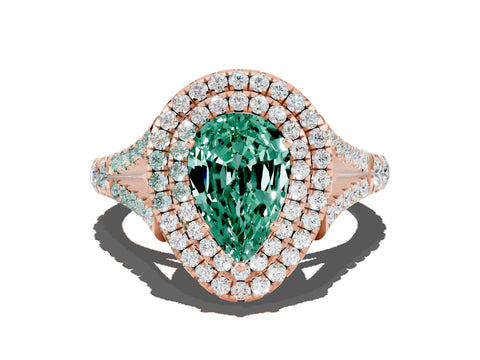 Rose gold Double Halo Pear Cut Green Sapphire Pavé Split Shank Ring with Prong Setting