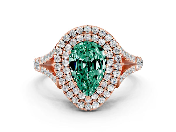 Rose gold Double Halo Pear Cut Green Sapphire Split Shank Engagement Ring with Four-Prong Setting