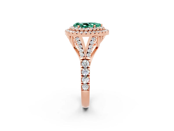 Rose gold Double Halo Pear Cut Green Sapphire Split Shank Engagement Ring with Four-Prong Setting