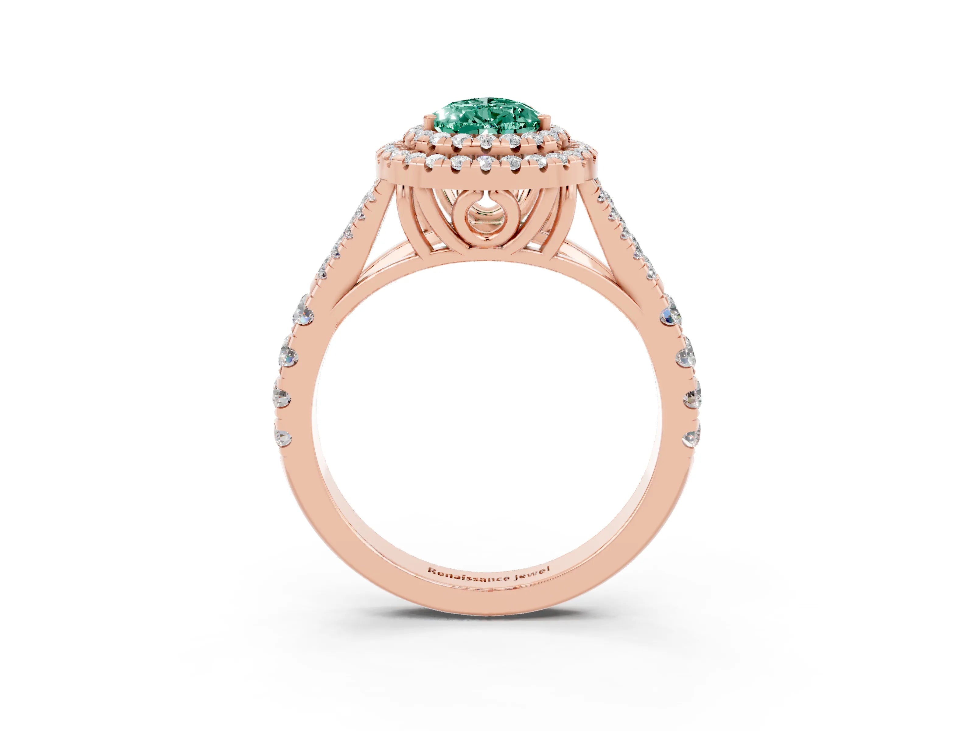 Rose gold Double Halo Pear Cut Green Sapphire Split Shank Engagement Ring with Four-Prong Setting_3