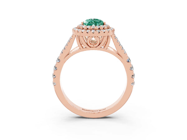 Rose gold Double Halo Pear Cut Green Sapphire Split Shank Engagement Ring with Four-Prong Setting