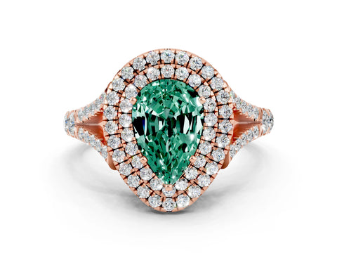 Rose gold Double Halo Pear Cut Green Sapphire Split Shank Engagement Ring with Four-Prong Setting