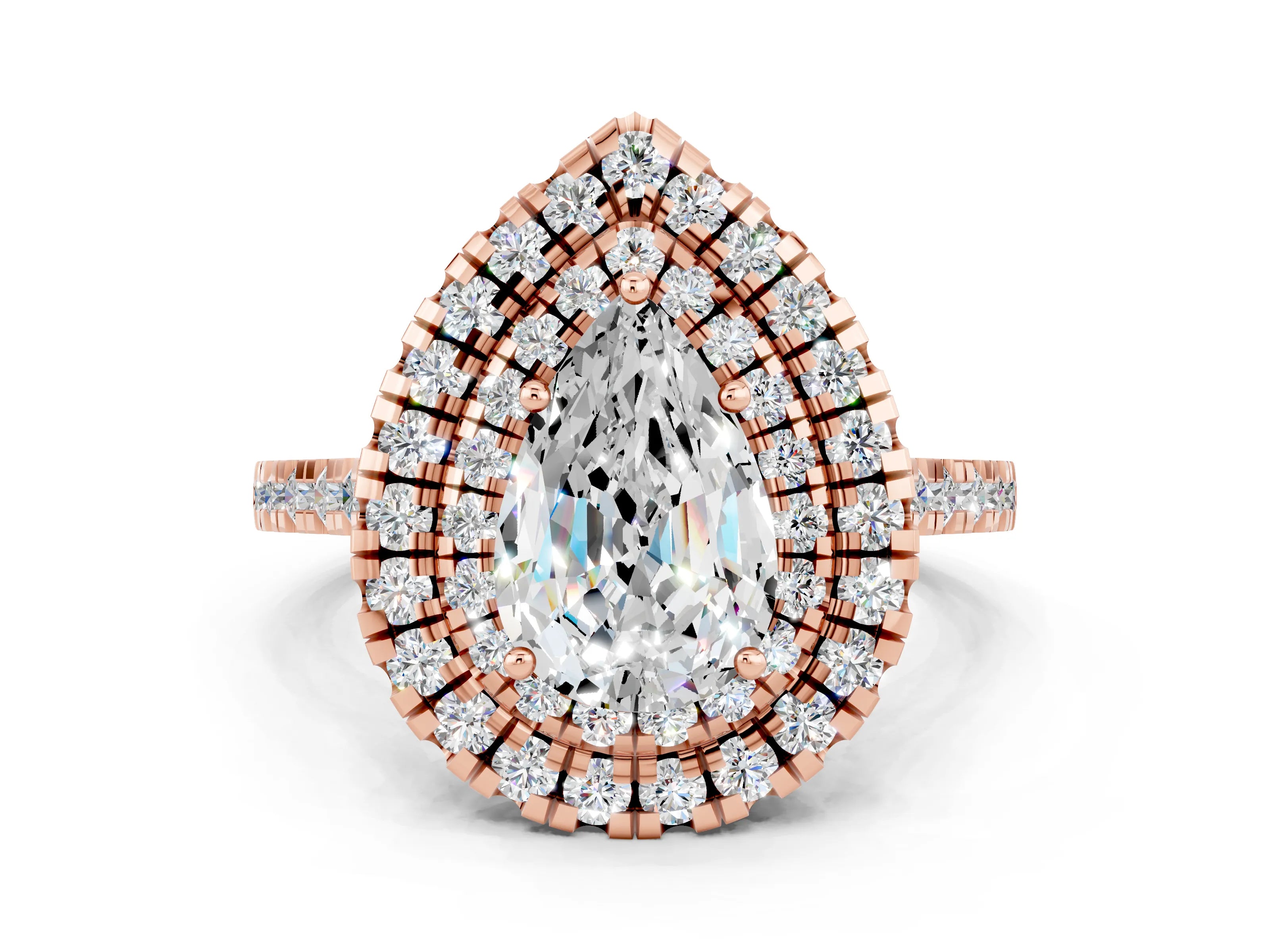 Rose gold Double Halo Pear Cut Moissanite Pavé Band with Four-Prong Setting