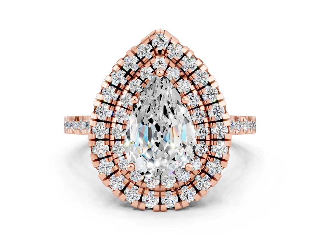 Rose gold Double Halo Pear Cut Moissanite Pavé Band with Four-Prong Setting