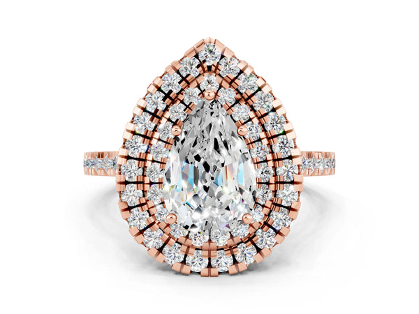 Rose gold Double Halo Pear Cut Moissanite Pavé Band with Four-Prong Setting
