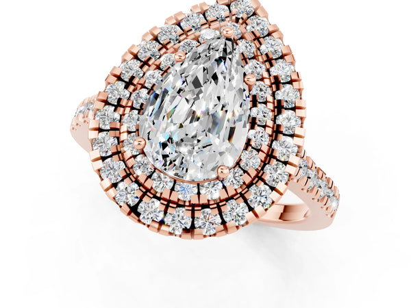Rose gold Double Halo Pear Cut Moissanite Pavé Band with Four-Prong Setting