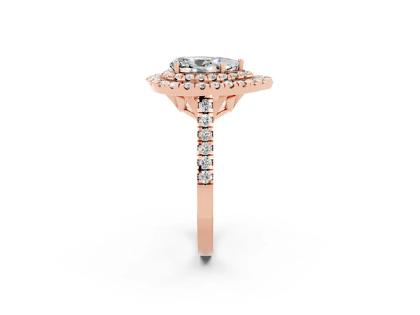 Rose gold Double Halo Pear Cut Moissanite Pavé Band with Four-Prong Setting