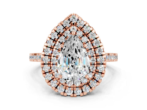 Rose gold Double Halo Pear Cut Moissanite Pavé Band with Four-Prong Setting