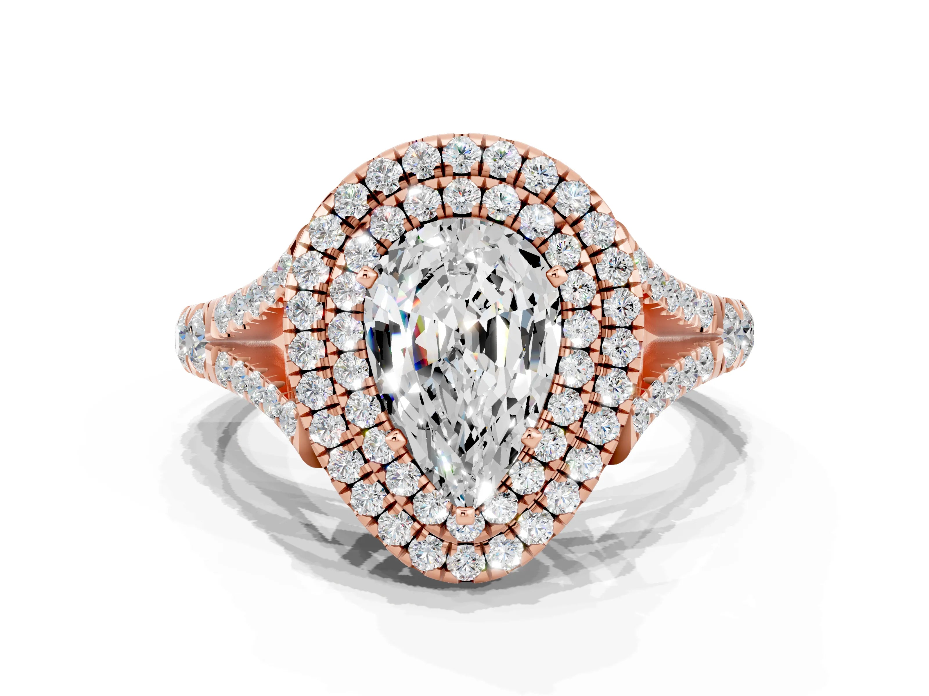 Rose gold Double Halo Pear Cut Moissanite Pavé Split Shank Ring with Prong Setting