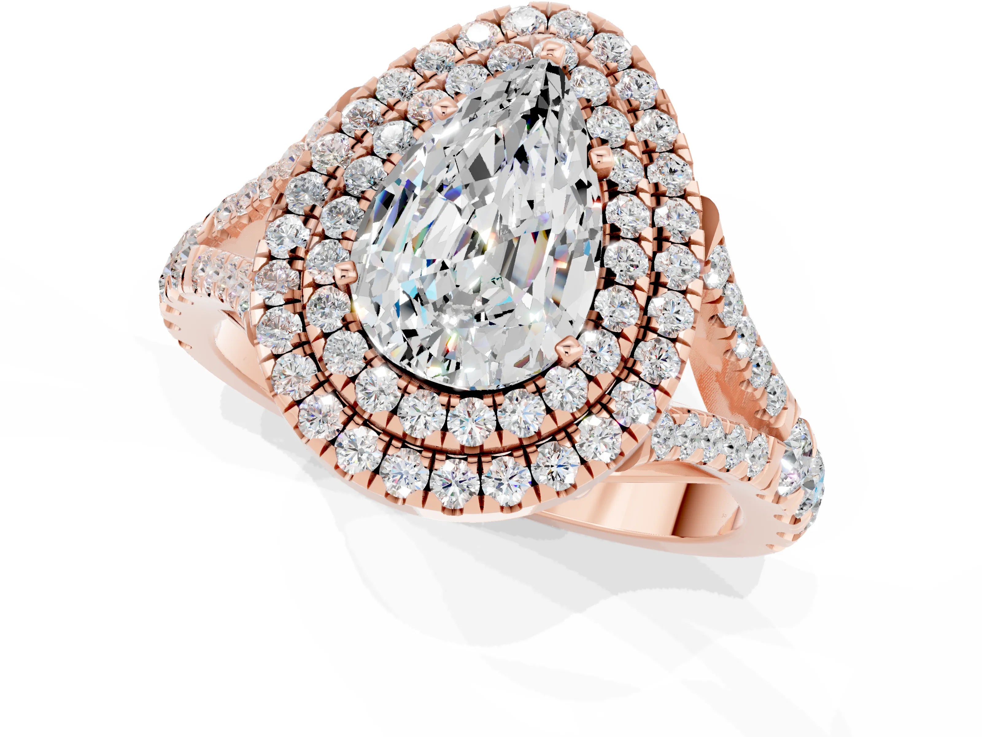 Rose gold Double Halo Pear Cut Moissanite Pavé Split Shank Ring with Prong Setting_1