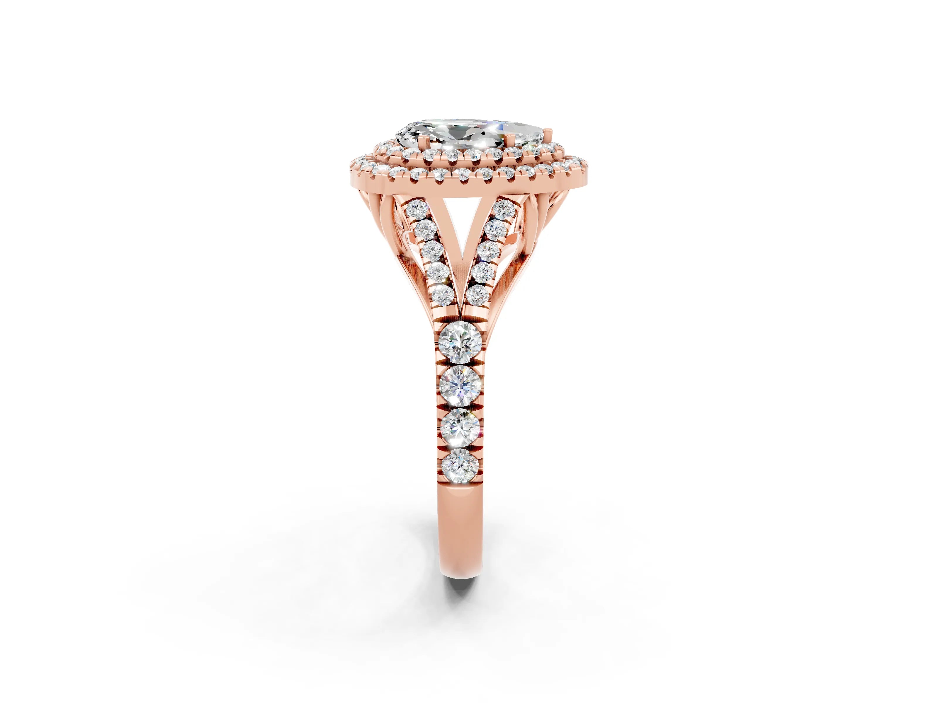 Rose gold Double Halo Pear Cut Moissanite Pavé Split Shank Ring with Prong Setting_2