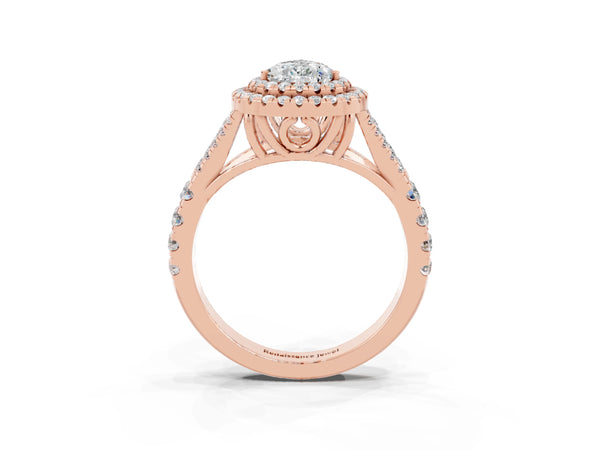 Rose gold Double Halo Pear Cut Moissanite Pavé Split Shank Ring with Prong Setting