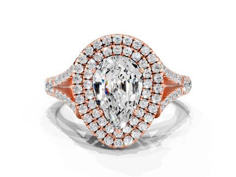Rose gold Double Halo Pear Cut Moissanite Pavé Split Shank Ring with Prong Setting