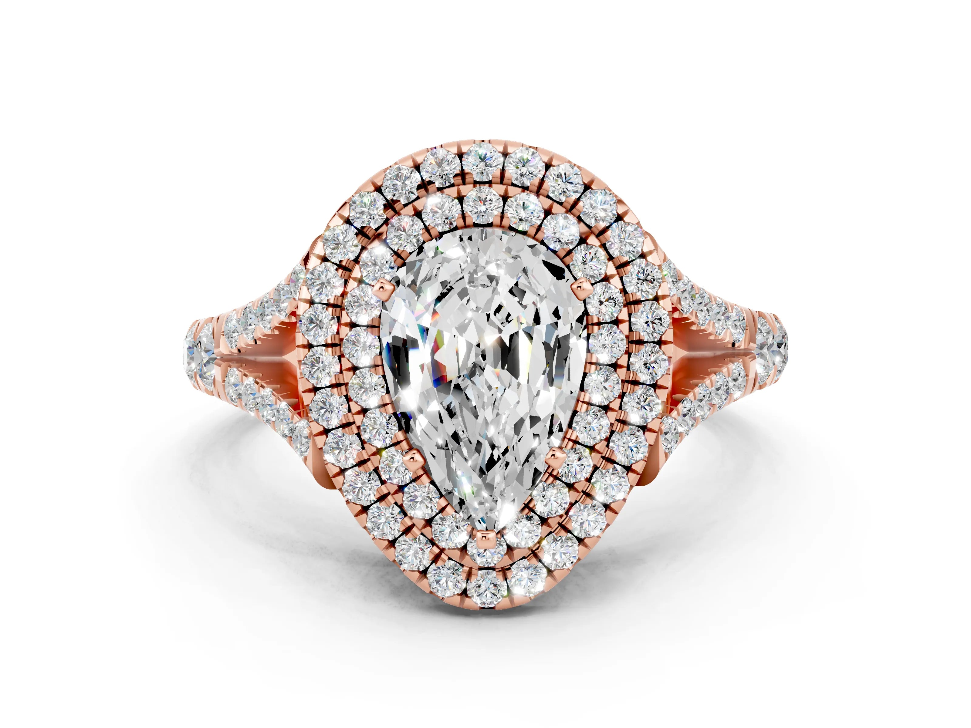 Rose gold Double Halo Pear Cut Moissanite Split Shank Engagement Ring with Four-Prong Setting