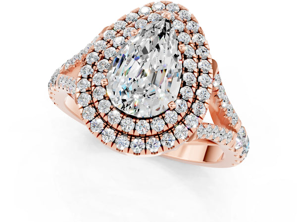 Rose gold Double Halo Pear Cut Moissanite Split Shank Engagement Ring with Four-Prong Setting