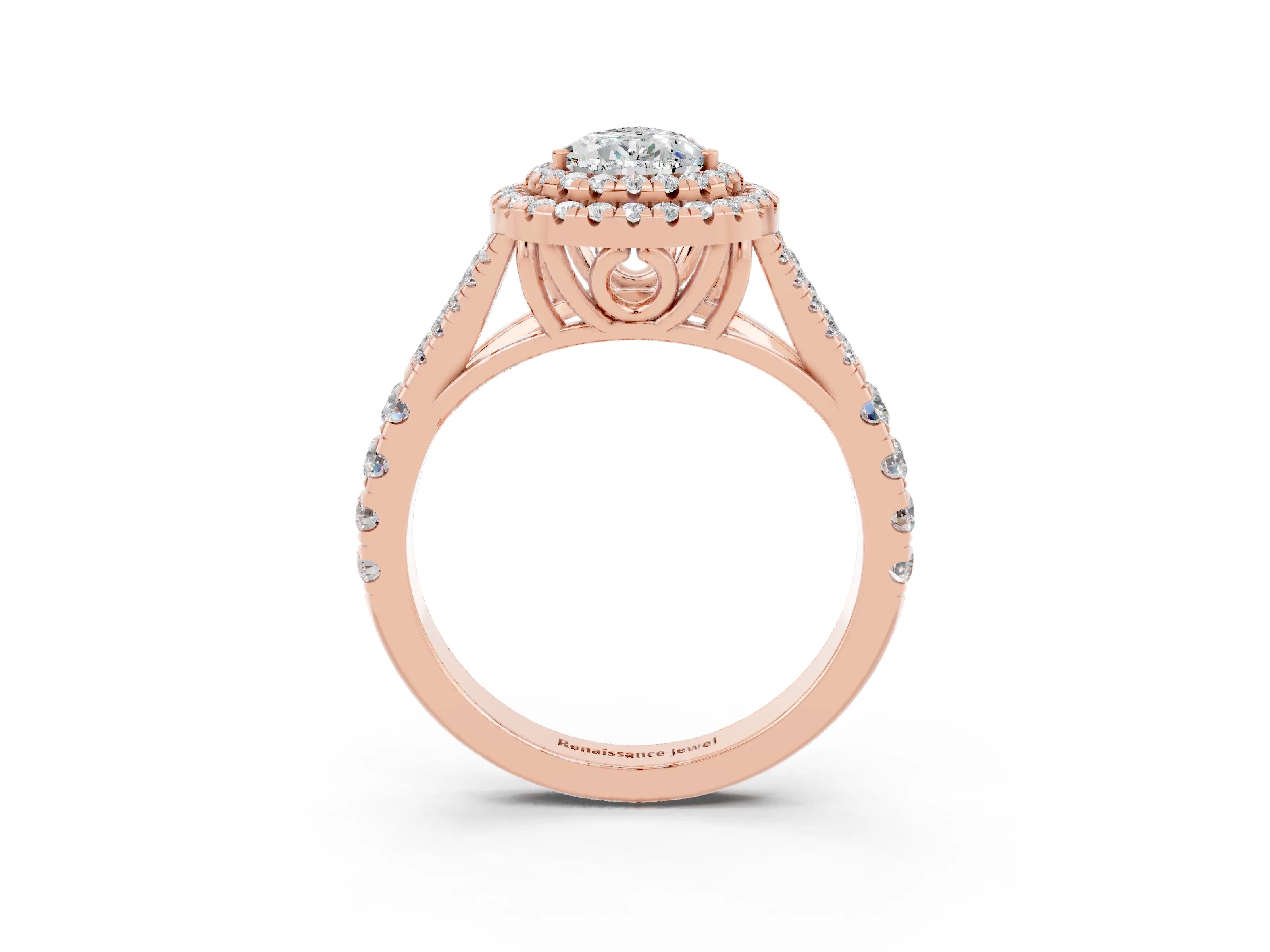 Rose gold Double Halo Pear Cut Moissanite Split Shank Engagement Ring with Four-Prong Setting_3