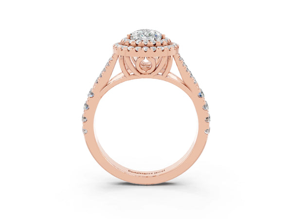 Rose gold Double Halo Pear Cut Moissanite Split Shank Engagement Ring with Four-Prong Setting