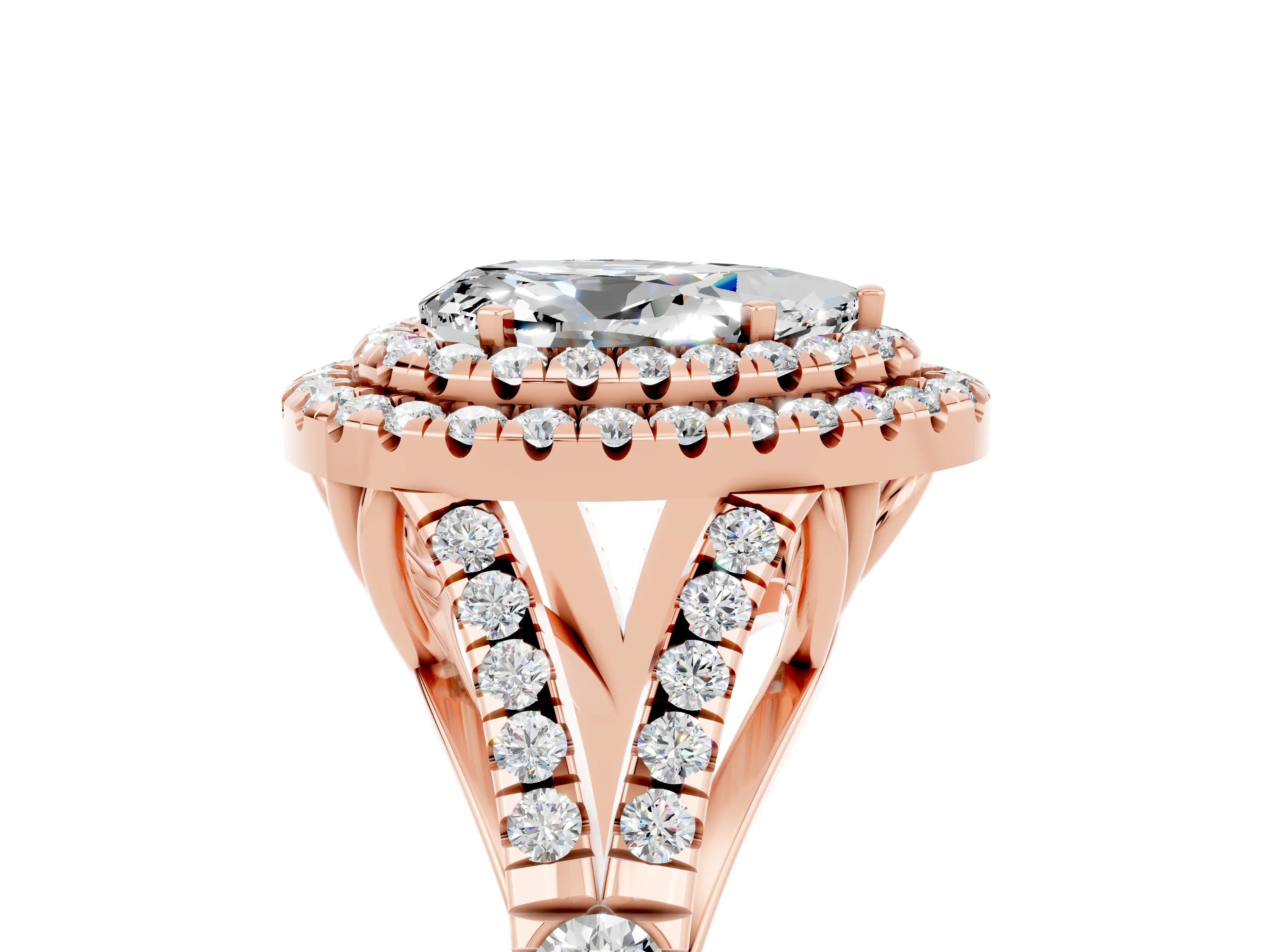 Rose gold Double Halo Pear Cut Moissanite Split Shank Engagement Ring with Four-Prong Setting_5