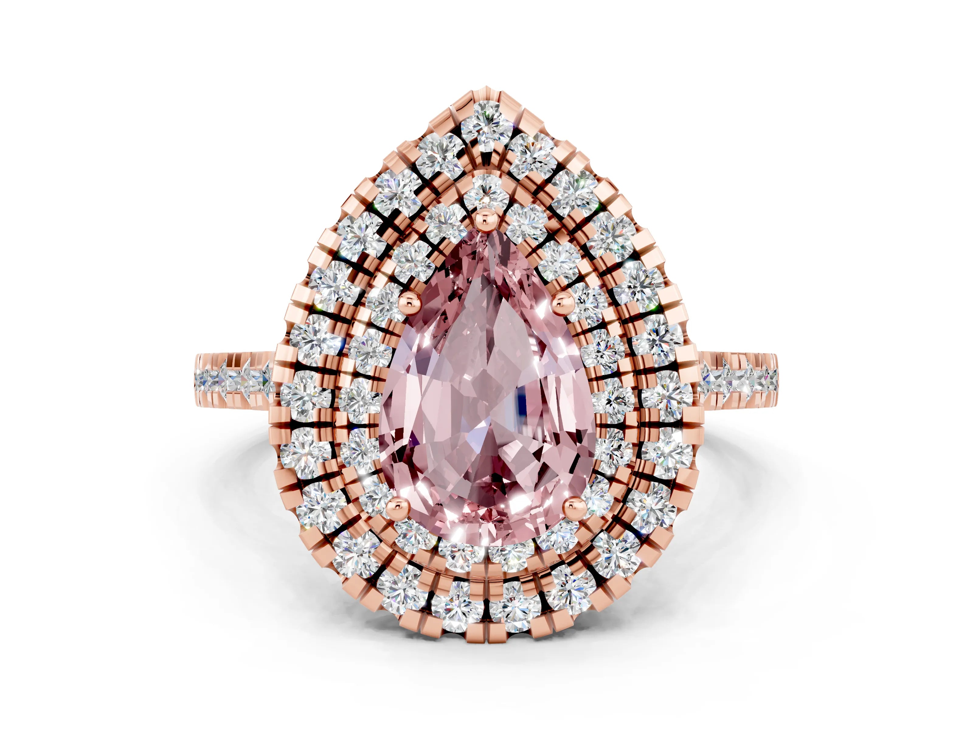 Rose gold Double Halo Pear Cut Morganite Pavé Band with Four-Prong Setting