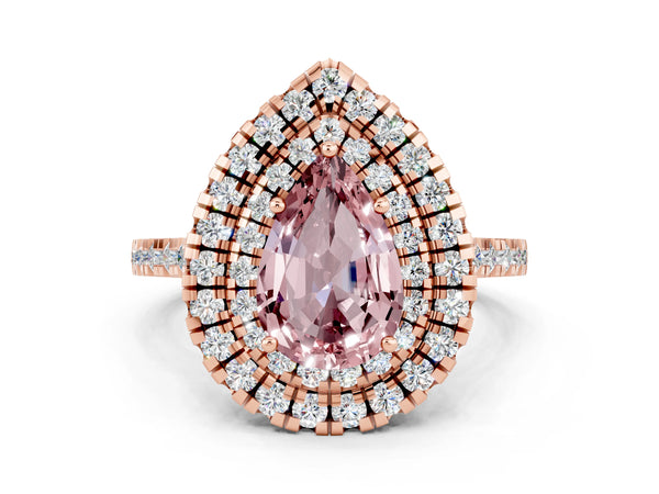 Rose gold Double Halo Pear Cut Morganite Pavé Band with Four-Prong Setting