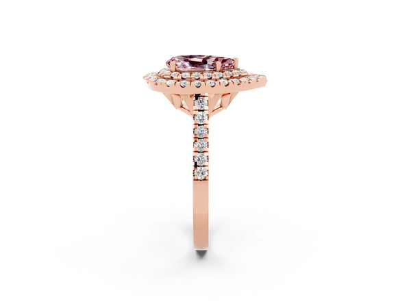 Rose gold Double Halo Pear Cut Morganite Pavé Band with Four-Prong Setting