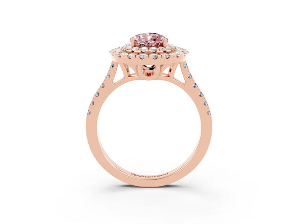 Rose gold Double Halo Pear Cut Morganite Pavé Band with Four-Prong Setting