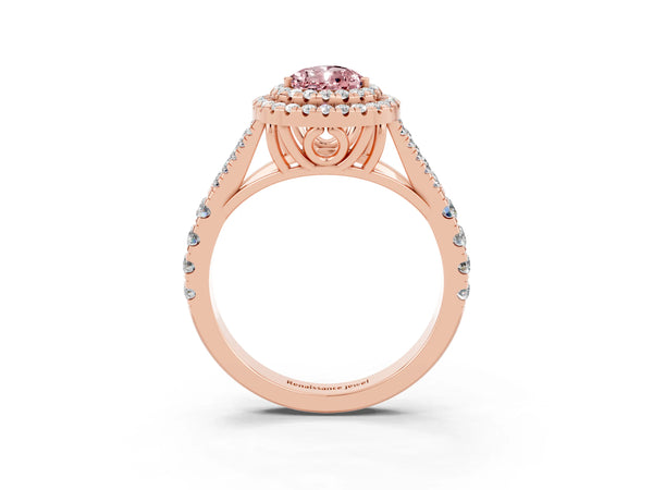 Rose gold Double Halo Pear Cut Morganite Pavé Split Shank Ring with Prong Setting