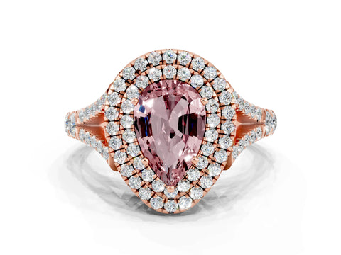 Rose gold Double Halo Pear Cut Morganite Pavé Split Shank Ring with Prong Setting